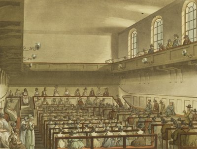 Quäkersitzung aus Ackermanns Repository of Arts, aquatintiert von Joseph Constantine Stadler, veröffentlicht 1809 von Pugin and Rowlandson